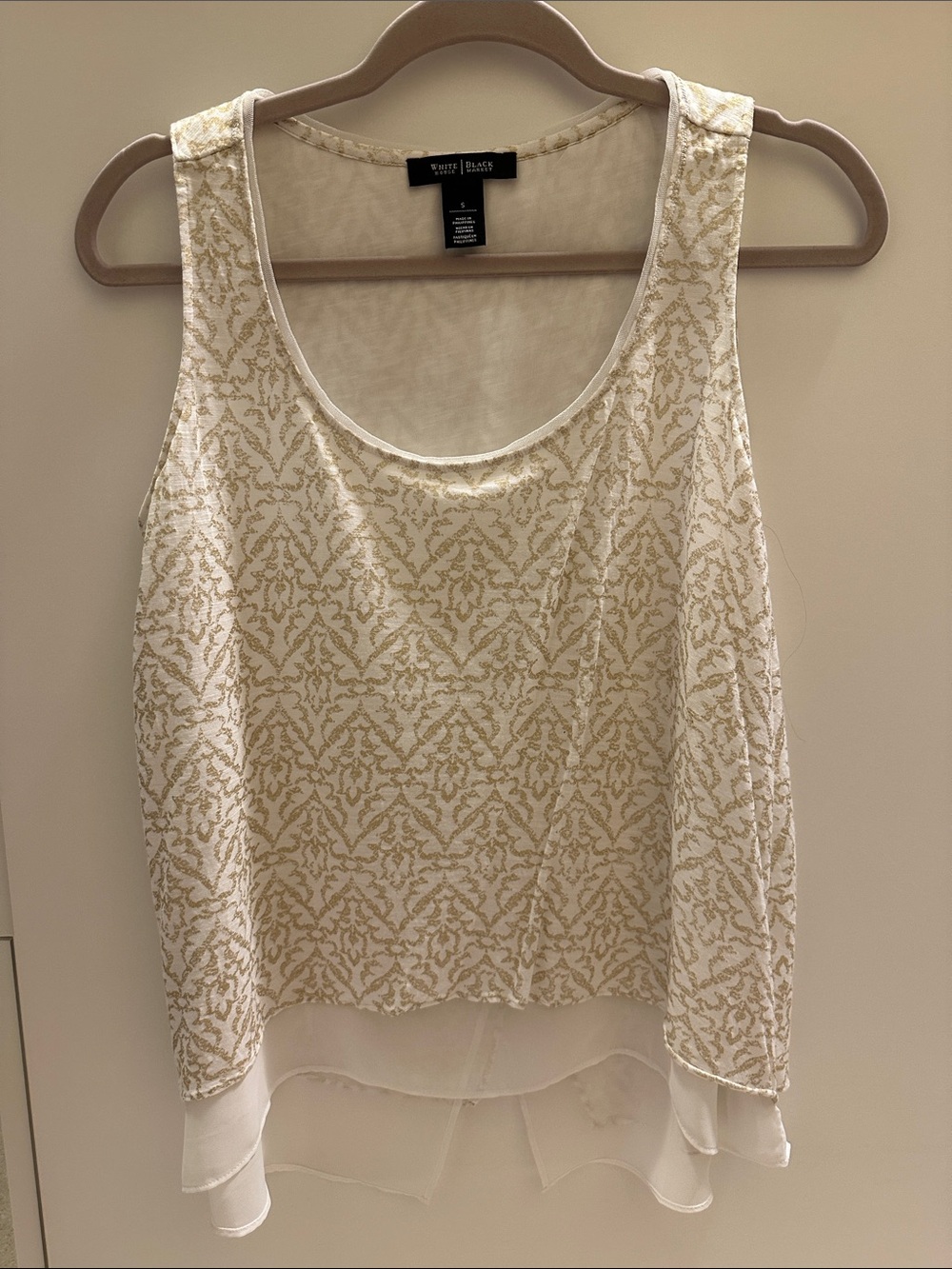 White House Black Market Cream and Gold Embroidered Layered Tank